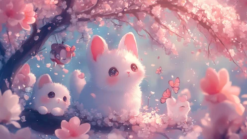 White Cats in Pink Floral Environment Digital Illustration.