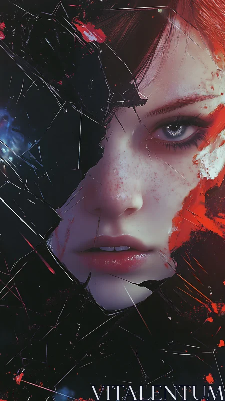 Shattered portrait reveals fierce gaze through broken void