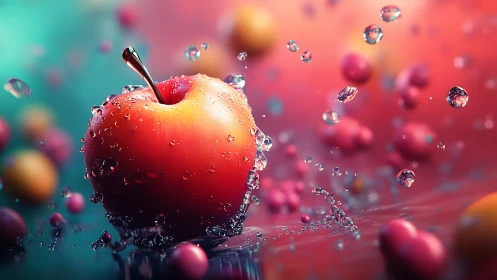 Red apple with water droplets in colorful motion scene.