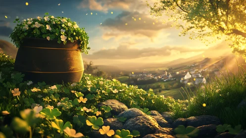 Golden sunset kisses a lucky clover pot above the valley