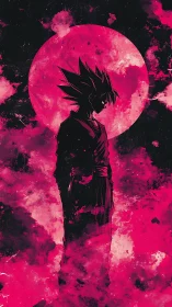 Silhouetted warrior stands before crimson cosmic moon