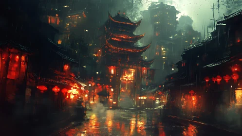 Cyberpunk rain-soaked pagoda street with neon lantern glow
