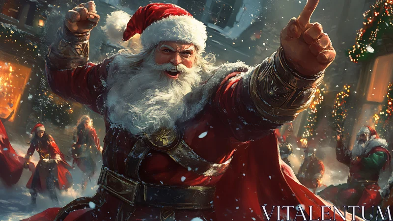 Warrior Santa leads dynamic snowy Christmas street charge.