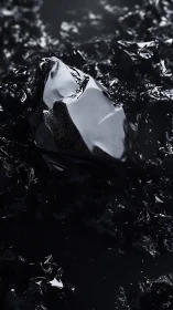 Gleaming black crystal rests in a sea of inky reflections