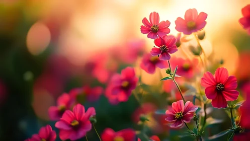 Vibrant Cosmos Flowers in Soft Golden Sunlight