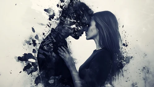 Double Exposure Portrait Merging Human Profile with Particle Dispersion.