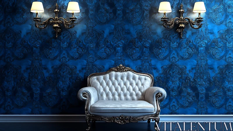 Elegant tufted settee in a richly lit blue salon.
