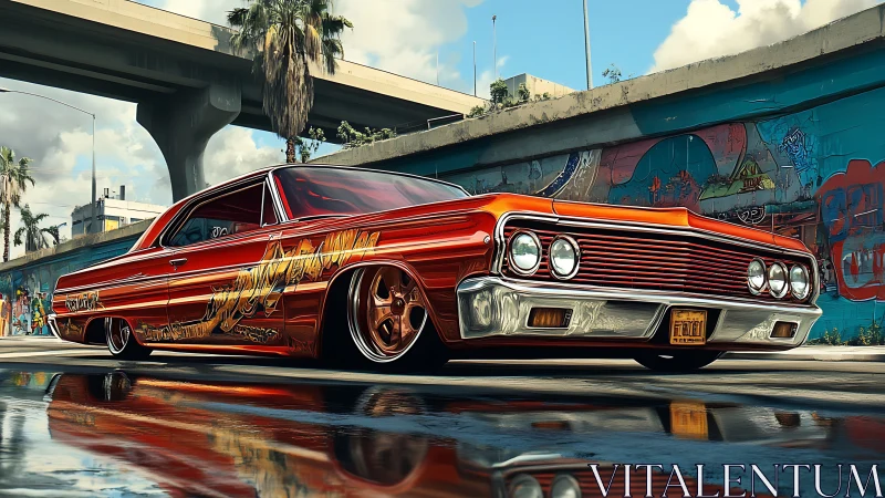 Lowrider coupe glides under urban overpass beside mural wall