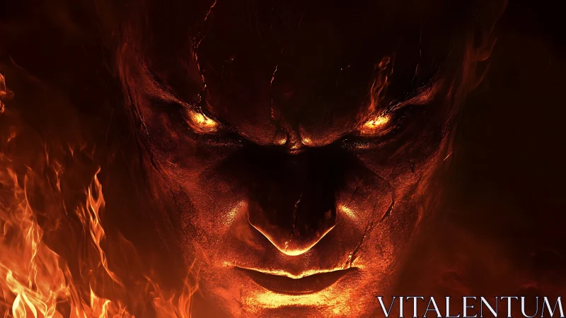 Infernal demon face glows within swirling molten fire.