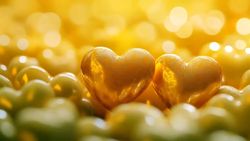Golden Heart Pair Against Bokeh Background.