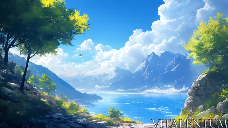 Mountain lake landscape with trees and bright clouds.