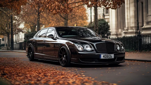 Low-angle autumn street study of black luxury sedan reflections