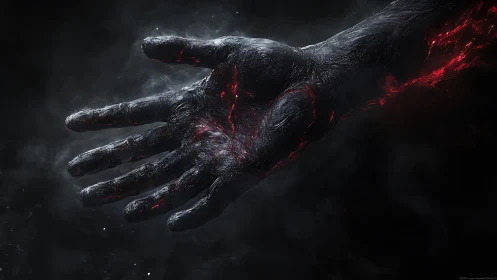 Volcanic ash hand with glowing red fissures in void.