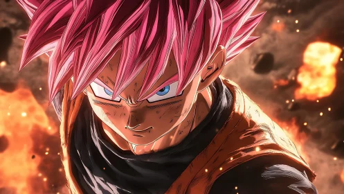 Cel shaded anime fighter with pink hair amid explosive debris field