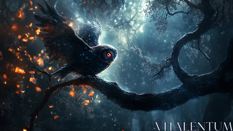 Nocturnal owl on branch in dense illuminated forest scene.