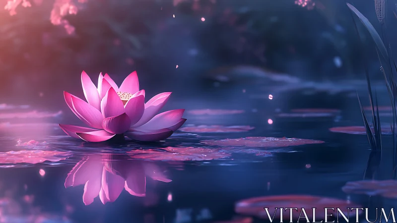 Pink lotus flower floats on reflective pond in soft focus