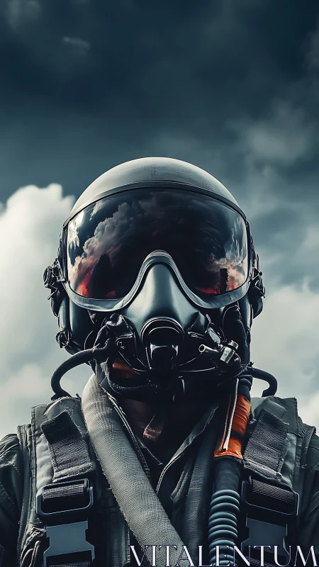 Aeronautical pilot portrait with reflective visor and respirator.