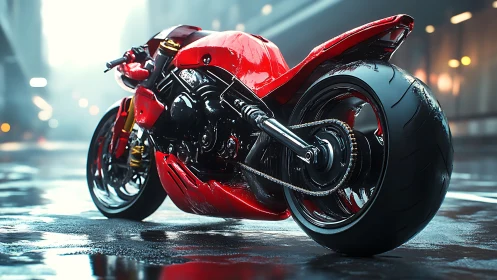 High-gloss red sport motorcycle with wet street surface reflections
