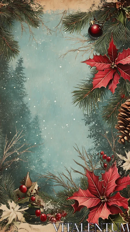 Vintage Christmas border frames a snowy forest scene