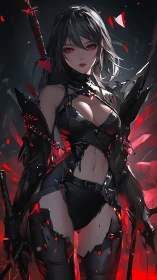 Female swordswoman in fragmented black armor with red light.