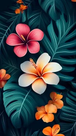 Digital Illustration of Layered Hibiscus Blooms with Teal Foliage Using Vector Rendering