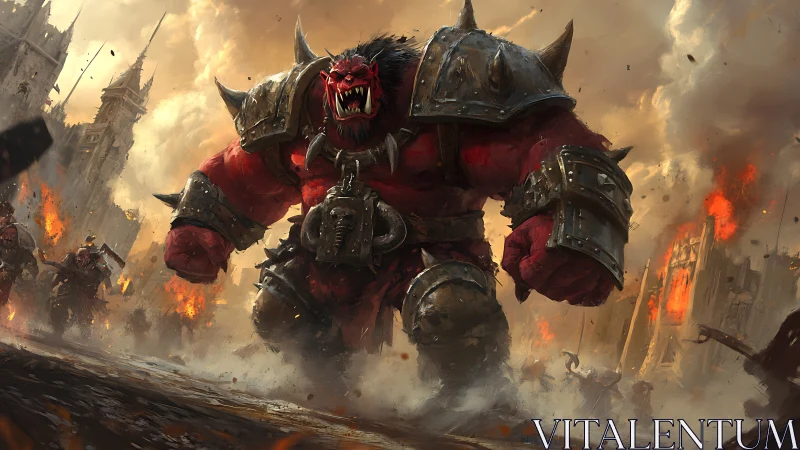 Rampaging crimson warlord storms a burning medieval citadel.