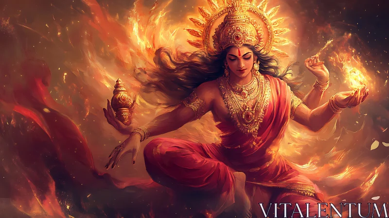Fiery Hindu goddess in red robes with glowing golden crown