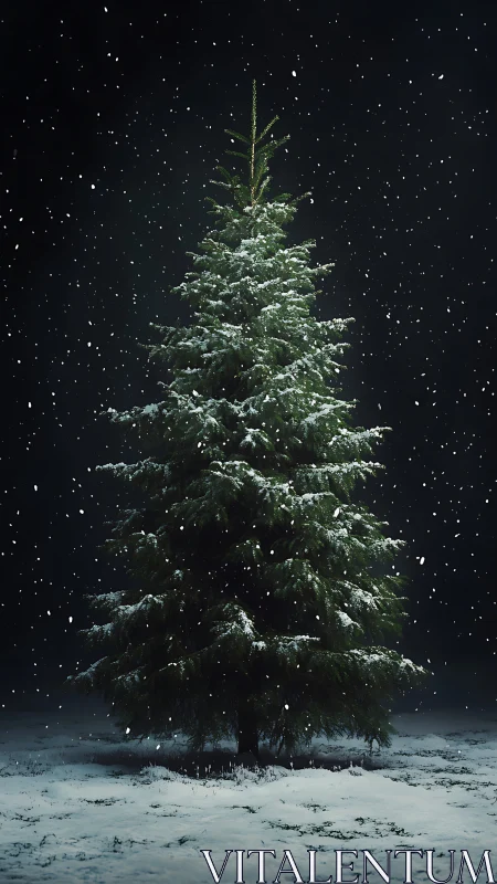 Snow-covered fir tree stands isolated against dark night sky