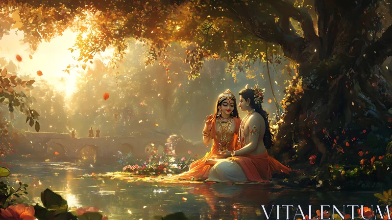 Divine couple rests by luminous river under flowering tree