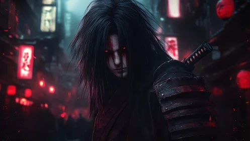 Vengeful samurai stalks neon alley under crimson lanterns