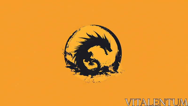 Black dragon silhouette coils inside rough circular frame