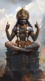 Divine Hindu deity seated above monumental temple shrine.