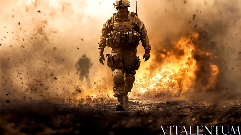 Tactical infantry operator advancing through firestorm debris.