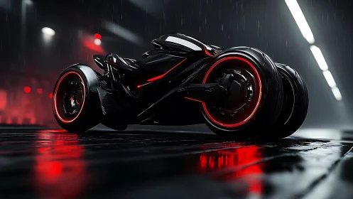 Futuristic neon-trimmed bike glows on a rain-soaked street.