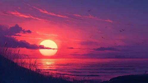 Soft violet sunset over calm sea and distant city glow.