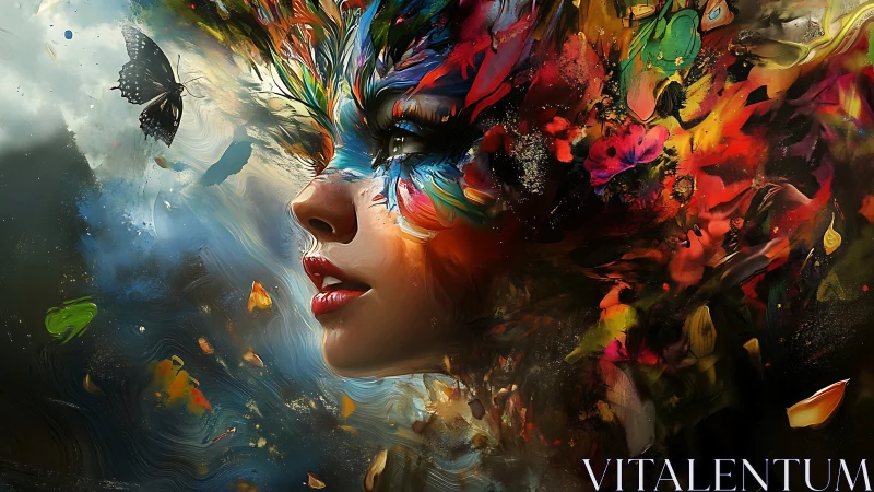 Female profile dissolves into vibrant abstract feathers