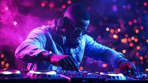 Neon-drenched DJ bending light and beats in electric haze.