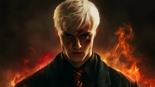 White‑haired male antihero in flames, cinematic close portrait