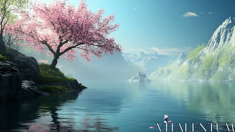 Digital landscape with sakura tree, alpine lake and misted peaks.