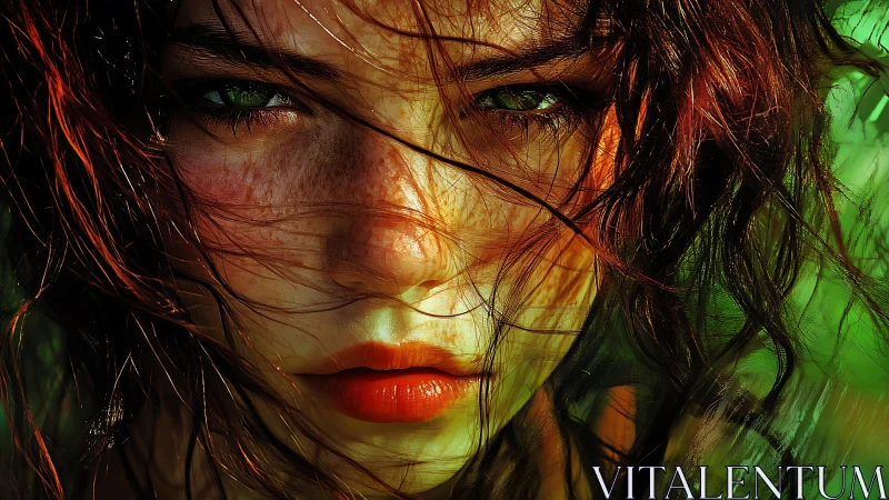 Digital painting close-up portrait with luminous green gaze.