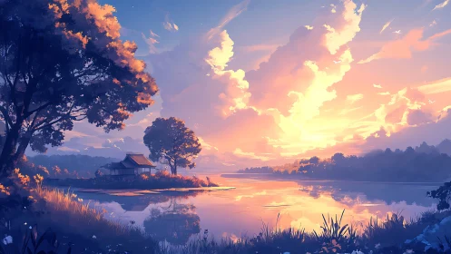 Lakeside house under dense clouds at low sun over water.