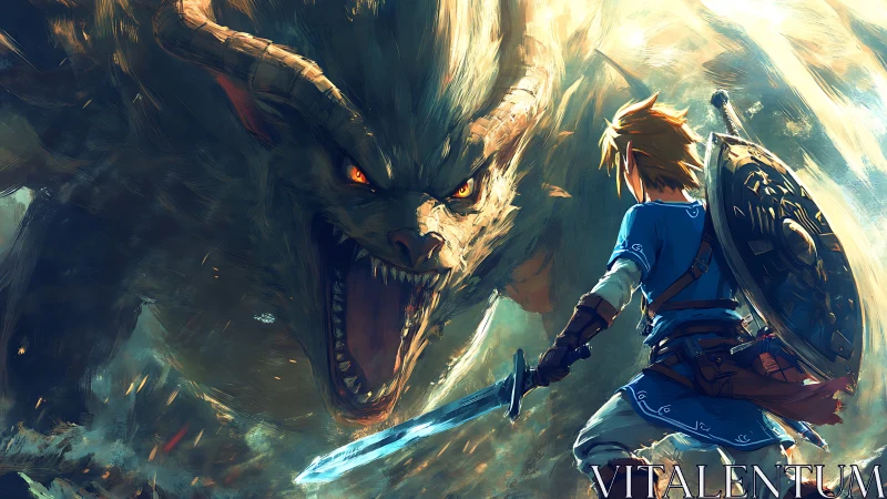 Heroic swordsman confronts roaring dragon in blazing light