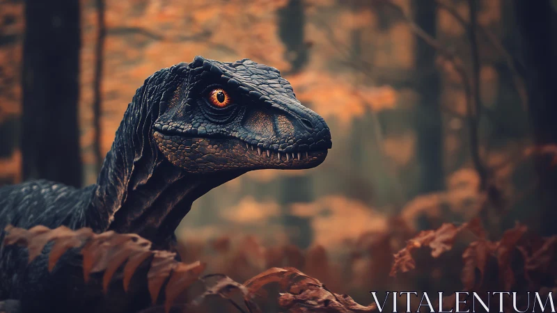 Velociraptor profile in muted autumn forest setting.