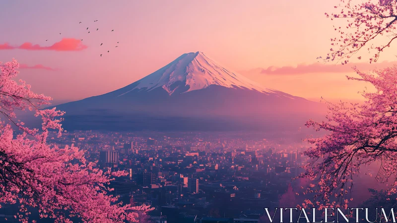 Chromatic sunrise over alpine cone and stratified cityscape.
