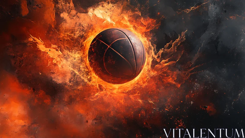 Molten basketball sphere cuts through erupting cosmic firestorm.