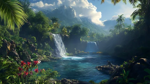 Hidden jungle lagoon with waterfalls and morning light.