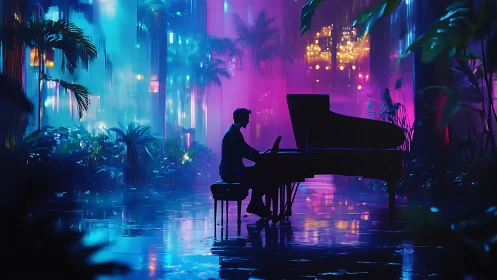 Silhouette of pianist at grand piano in neon tropical hall