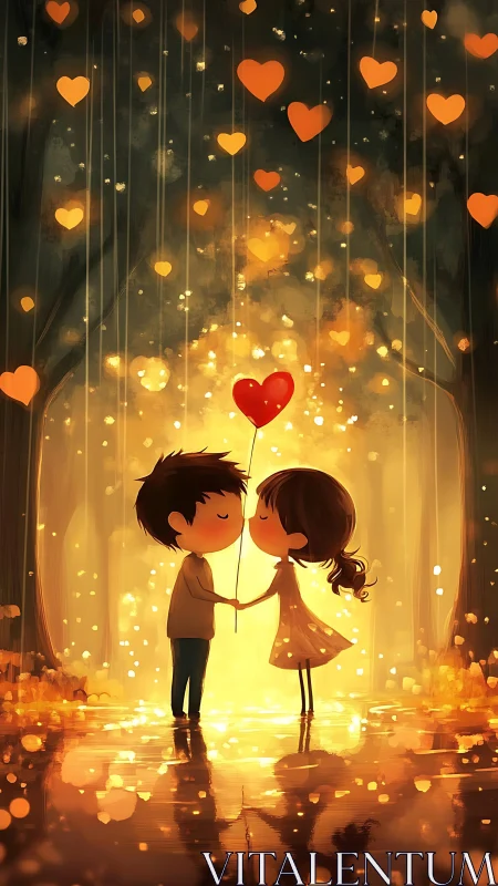 Two Children Holding Heart Balloon in Glowing Golden Light