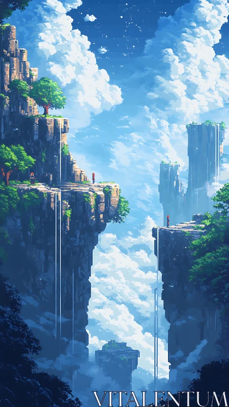 Vertical pixel cliffs with distant figures framed by stratified clouds