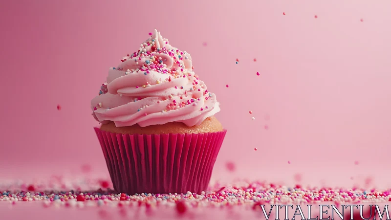 Pink Frosted Cupcake with Sprinkles Centered on Pink Background